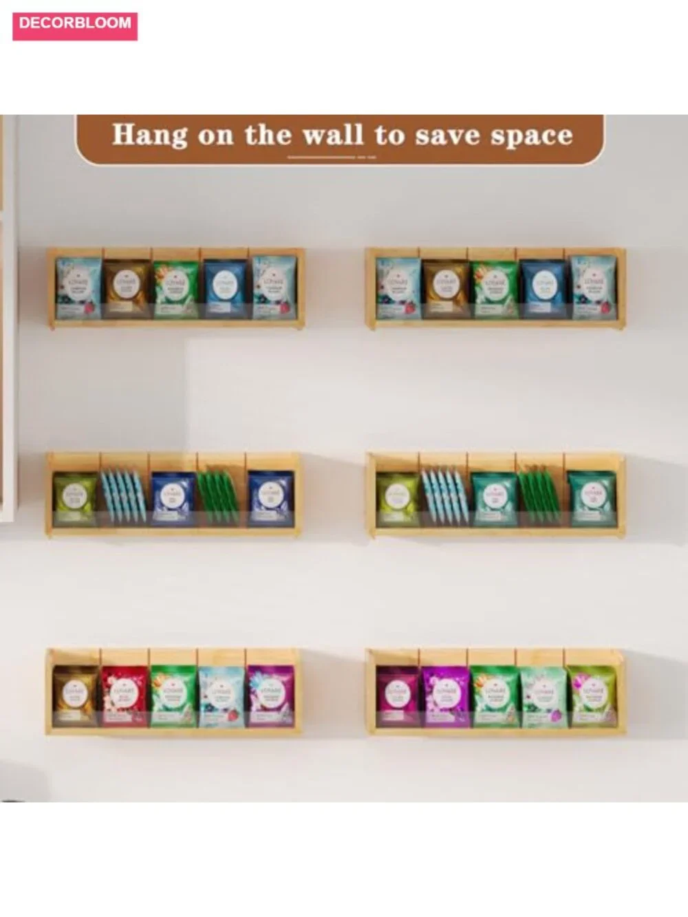 3-Tier Bamboo Tea Bag Organizer Storage Box, Stackable, Wall Mount